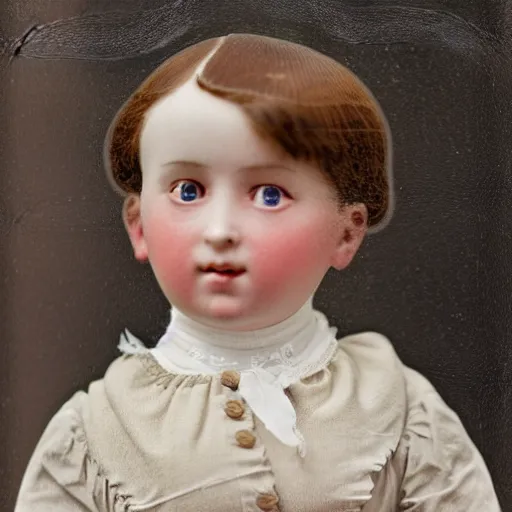 Image similar to close up portrait of a victorian child standing in a shop that sells dolls, 8 k, soft lighting, highly detailed realistic, face in focus 1 8 9 0's liminal