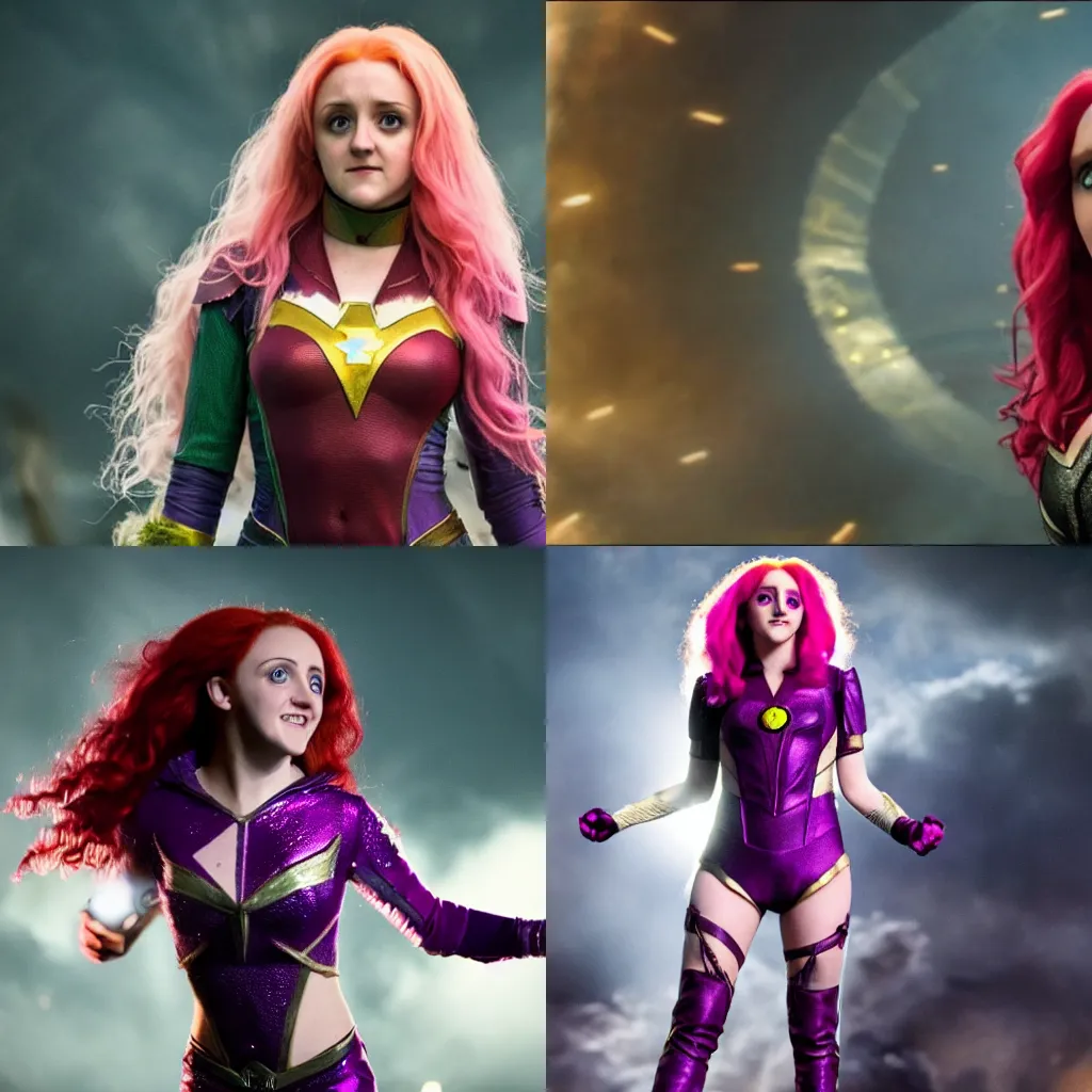 Prompt: Evanna Lynch as Starfire. DCEU. Cinematic Still.