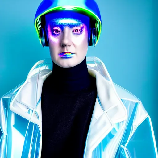 Image similar to an ultra high definition professional studio quality photograph of an artificial celebrity cyberpunk pop star wearing a transparent iridescent perspex pastel coloured face visor and matching raincoat on white coat hook in an icelandic black rock environment. dramatic lighting. volumetric shadows. light rays