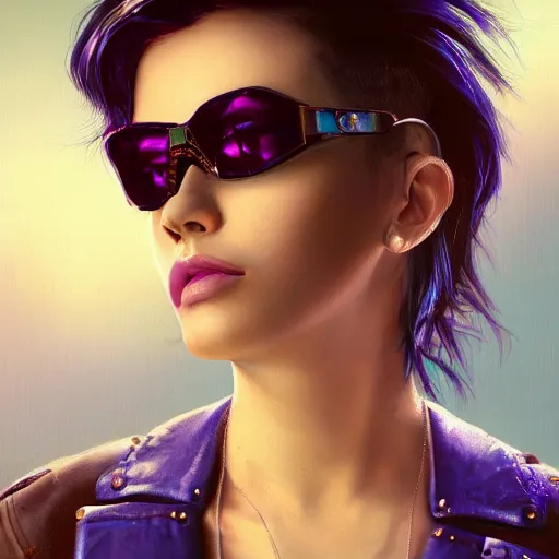 Image similar to very detailed masterpiece closeup painting of a very beautiful young mexican cyberpunk woman with light blue shutter shades, one side haircut, brown hair with light blue ends, purple leather jacket, beauty mark on cheek, portrait, synthwave background, artstation, concept art by greg rutkowski