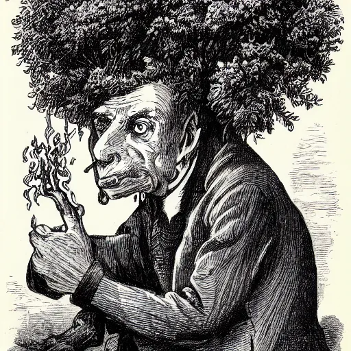 Image similar to tree with a human face smoking a cigarette, high detail, 1 9 th century illustration by john tenniel