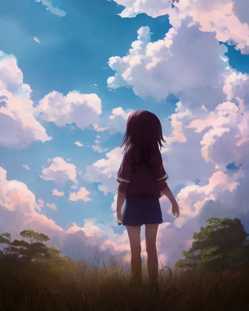 Image similar to a girl watching looking up at the clouds, full shot, atmospheric lighting, detailed face, by makoto shinkai, stanley artger m lau, wlop, rossdraws, james jean, andrei riabovitchev, marc simonetti, krenz c