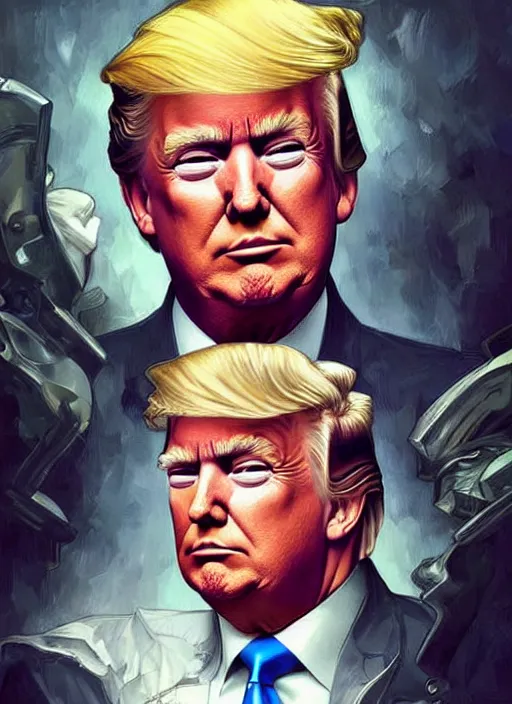 Prompt: donald trump painted by artgerm and greg rutkowski and alphonse mucha. clear highly detailed face, beautiful sci fi art