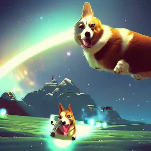 Prompt: Corgis in no man's sky video game digital art