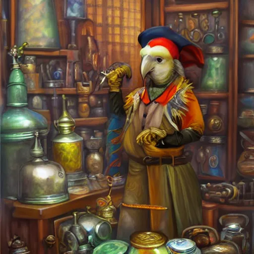 Prompt: Anthropomorphized parrot trader in his shop, medium shot, items, weapons, magic potions, trinkets, carpet, lamps, window, fancy hat, warm light, sly expression, cunning expression, cute expression, long thick shiny black beak, D&D, fantasy, cinematic lighting, highly detailed, digital painting, artstation, concept art, smooth, sharp focus, illustration, warm light, cozy warm tint, strong colours, magic the gathering artwork, volumetric lighting, 8k, art by Akihiko Yoshida, Greg Rutkowski