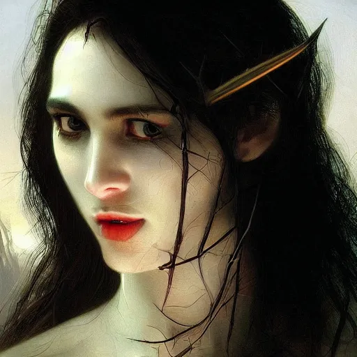 Image similar to portrait of beautiful vampire, thorns, headshot, pale skin, 4k, rule of thirds, extreme detail, detailed drawing, trending artstation, hd, fantasy, realistic lighting, by Albert Bierstadt, Frederic Edwin Church.