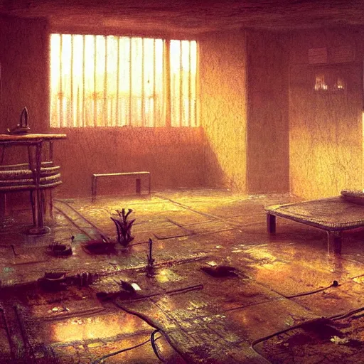 Image similar to detailed painting of bladerunner interior room in africa, artstation, beksinski, cinematic