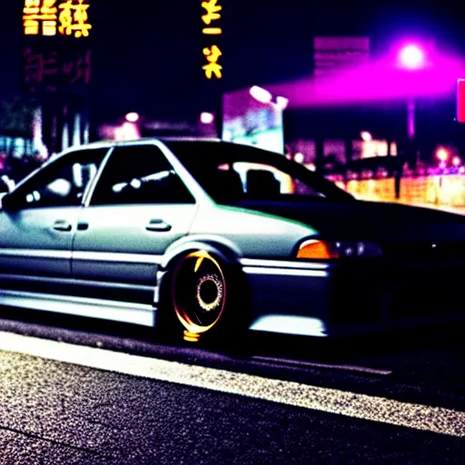 Image similar to a car JZX100 at illegal car meet, Shibuya prefecture, city midnight mist, cinematic color, photorealistic, highly detailed, 200MM