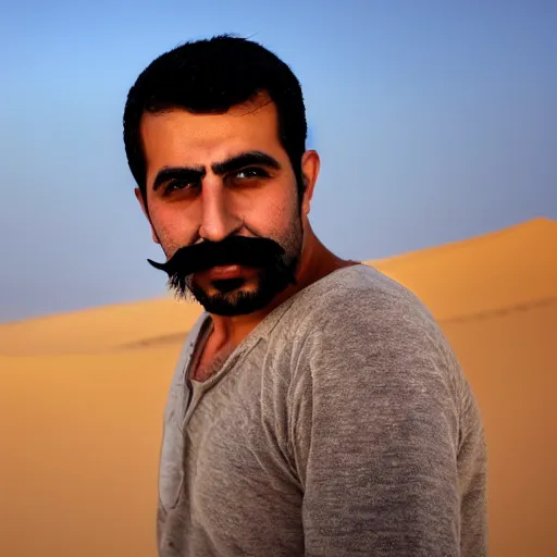 Image similar to real life photo of a Syrian man, short dark hair, goatee and moustache, blue watery eyes, full round face, short smile, serene desert setting, cinematic lightning, medium shot, mid-shot, highly detailed, photorealistic, 80mm, 85mm, cinematic wallpaper