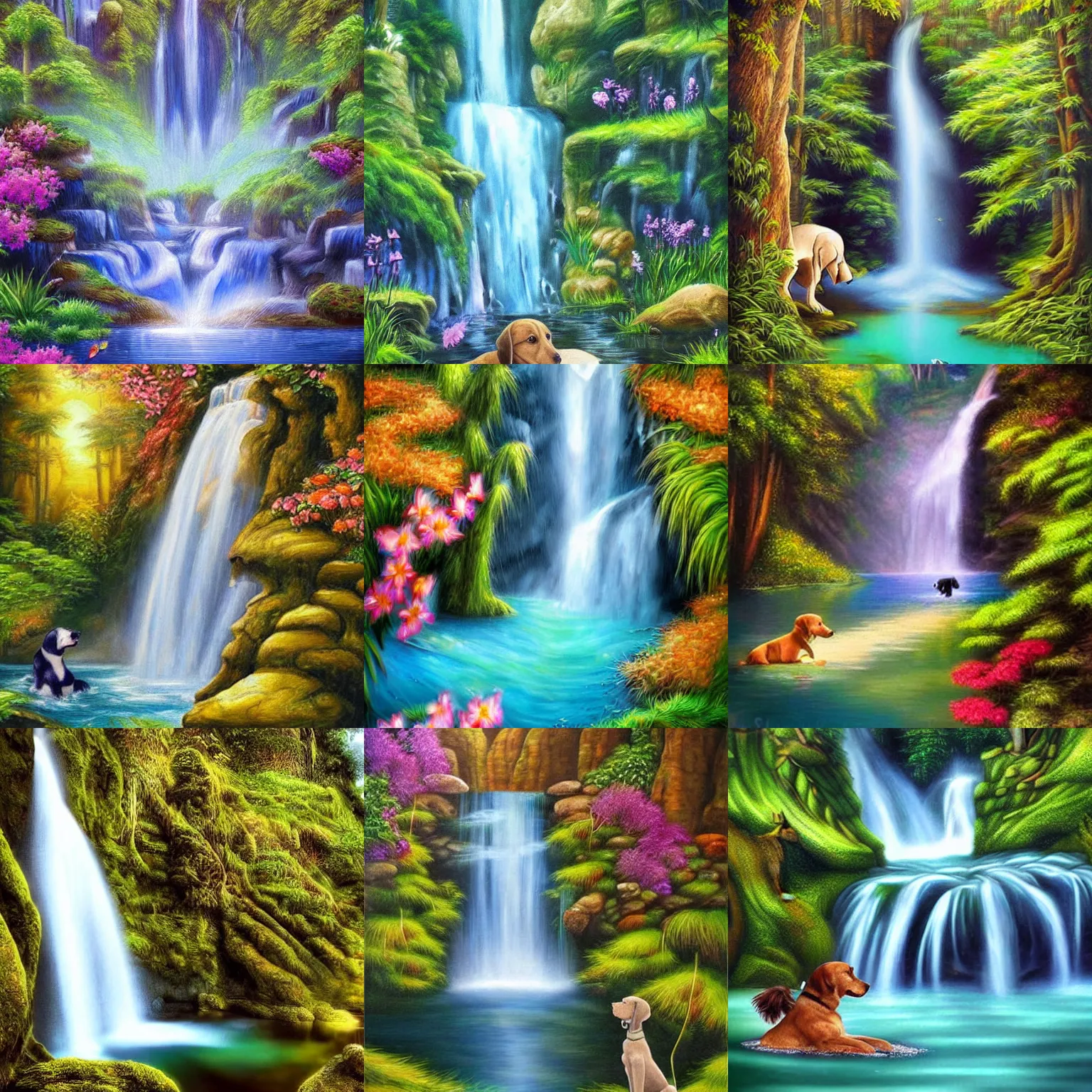 Prompt: Realism artwork of a waterfall with a dog swimming in the water underneath, fairytale artwork, realistic, highly detailed, beautiful, zen, tranquil, exquisite, rich flower colors, smooth