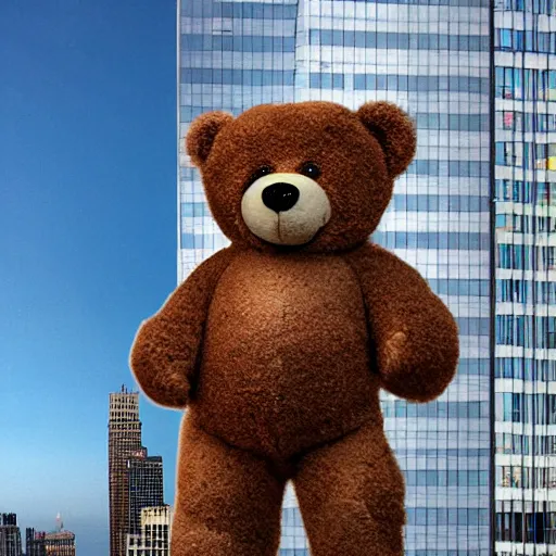 Prompt: a composite photograph of a teddy bear larger than a skyscraper in manhattan, with the teddybear standing up between the buildings