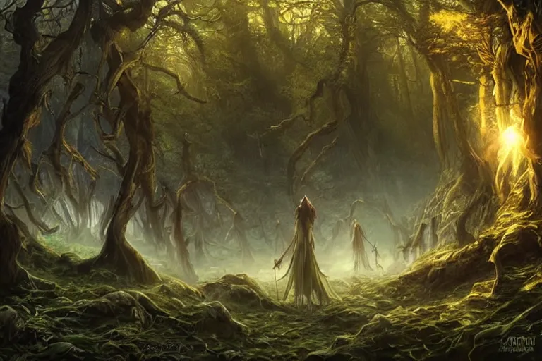 Prompt: an old elven wood, a view to an eerie fantasy world, glowing orbs, ethereal back light, mist, coherent composition, detailed fantasy painting by artgerm, noriyoshi ohrai, yuumei