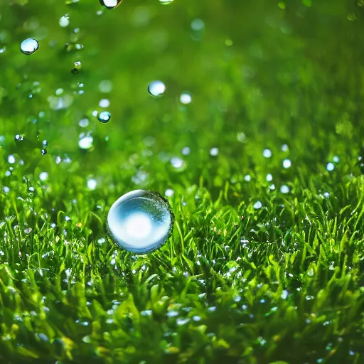Prompt: high resolution photo of a giant water droplet floating above the green grass in the park, 4 k, vibrant lighting, award winning photography.