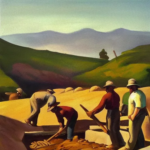 Image similar to “a painting of a group of people digging a well with pickaxes and spades in the Spanish mountains, surrounded by large grey rocks, the sun burning in the sky, in the style of Edward hopper”
