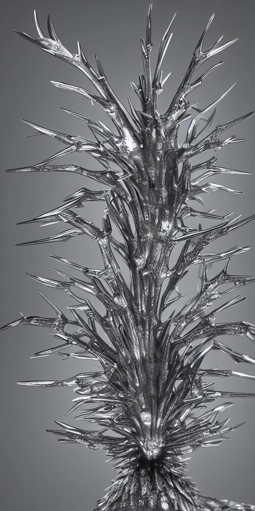 Prompt: a photorealistic render of a metallic neotribal spiky glaucus atlanticus sculpture, greyscale, made of liquid metal, c 4 d, by zhelong xu and ernst haeckel, wide angle, hyper realistic, plain background, 8 k, volumetric lightning, octane render