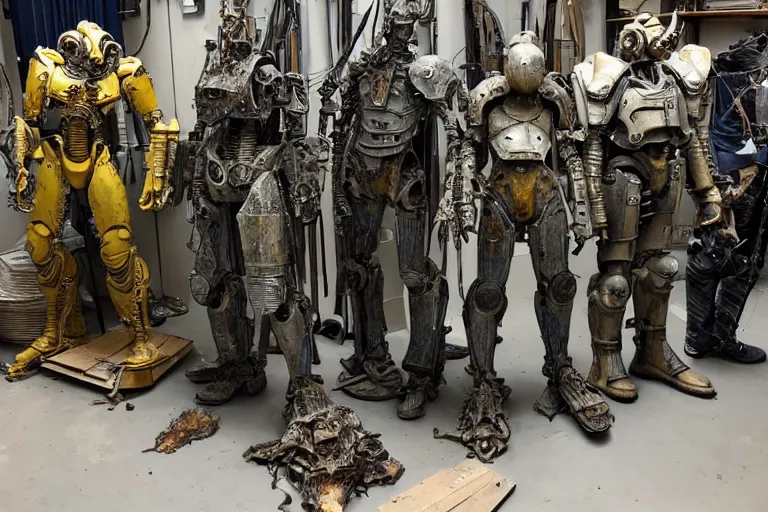 Image similar to photo taken of an epic intricate, ultra detailed, super realistic gritty, hero prop, exquisitely weathered fallout 4 power amour suit movie prop replica's in a row in the workshop, created by weta workshop, full body shot, photorealistic, sharp focus, white wall, cold colour temperture, golden ratio