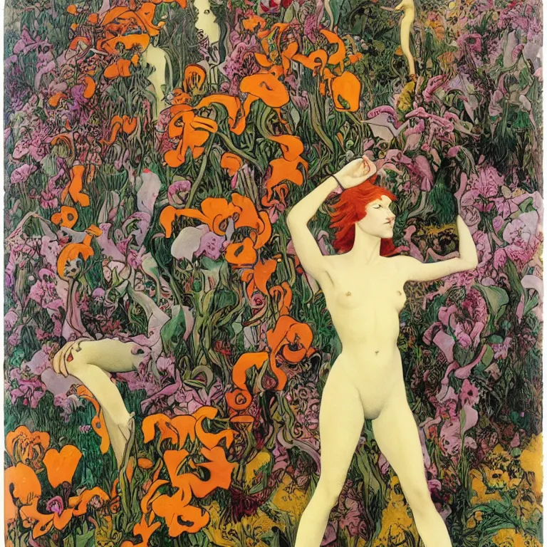 Image similar to Red-haired girl, androgynous appearance, standing in flowers, golden background Stanisław Szukalski and Roger Dean