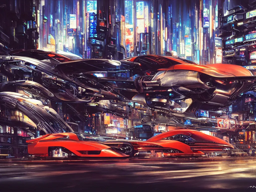 Prompt: hyperrealistic and beautiful painting of a slice of life from a futuristic city, mechanical designs, futuristic cars, night, technological, meticulous engineering, cinematic, cyberpunk style, highly detailed!, realism, digital art, acrylic on canvas, 8 k resolution, concept art, by noriyoshi ohrai, john berkey