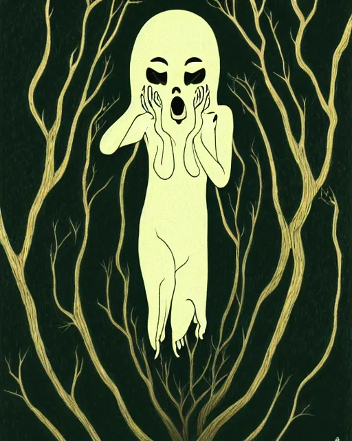 Image similar to in the style of audrey kawasaki, shinsui ito, transparent ghost screaming, full body, in the woods, moody lighting