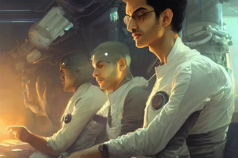 Image similar to Sensual good looking pale young Indian doctors wearing Deus Ex clothing in a space station above Earth, portrait, elegant, intricate, digital painting, artstation, concept art, smooth, sharp focus, illustration, art by artgerm and greg rutkowski and alphonse mucha