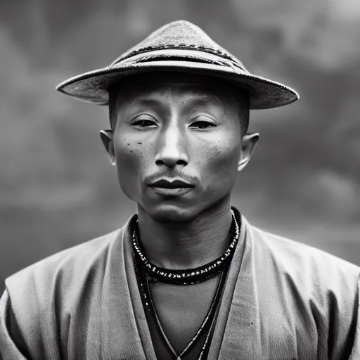 Image similar to cinematic film still Pharrell Williams starring as a Samurai holding fire, Japanese CGI, VFX, 2003, 40mm lens, shallow depth of field,film photography