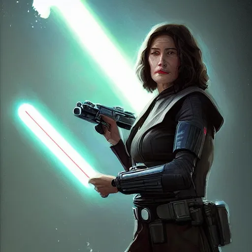 Image similar to portrait of a woman by greg rutkowski, grand jedi master jaina solo, star wars expanded universe, she is about 6 0 years old, wearing the tactical gear of the galactic alliance, highly detailed portrait, digital painting, artstation, concept art, smooth, sharp foccus ilustration, artstation hq