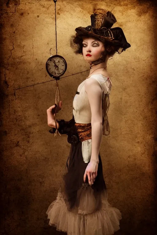 Image similar to a fantoccini held by string, alone stage, steampunk, sad vibe, steampunk, ballet, 8 k, detailed, ambient lighting, vintage, dark fantasy, wlop