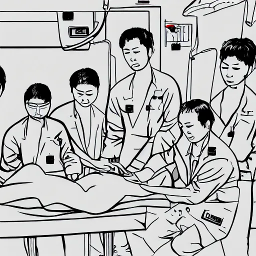 Image similar to chinese surgeons operating on a body on an operating table, in the style of daniel johnston and outsider art, 8k, line brush, minimal, overlaid with chinese adverts