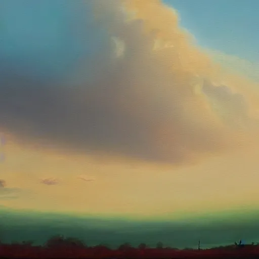 Prompt: an oil painting of very interesting clouds near dusk