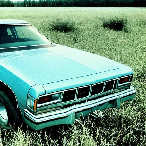 Image similar to A photograph of a (((((rusty, worn out, broken down, beater))))) Powder Blue Dodge Aspen (1976) in a farm field, photo taken in 1989