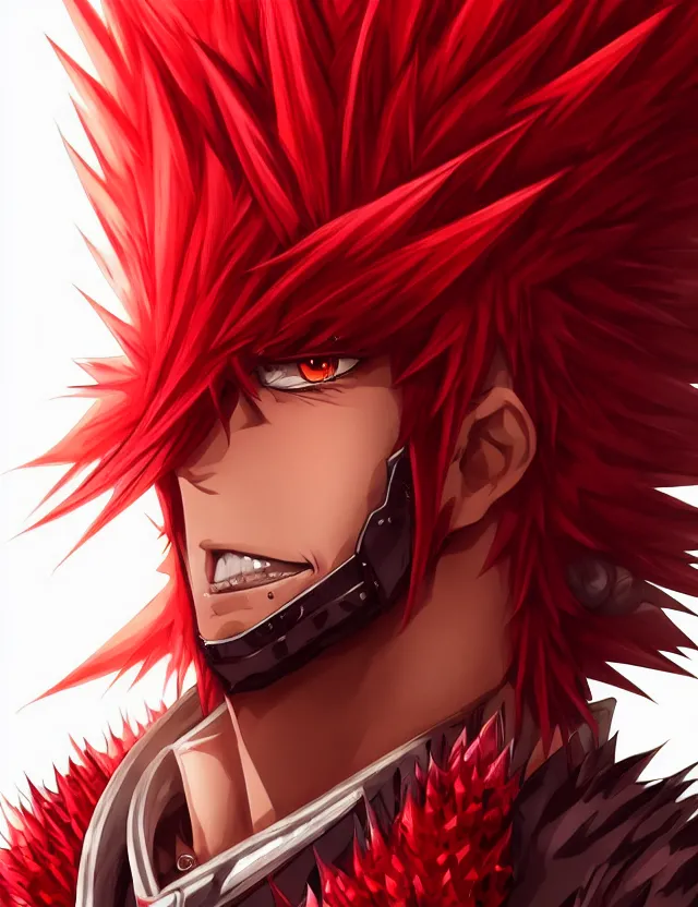 Image similar to a detailed manga portrait of a handsome tall man with spiked crimson hair in fiery crimson crystalline armour, trending on artstation, digital art, 4 k resolution, detailed, high quality, sharp focus, hq artwork, coherent, insane detail, character portrait