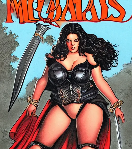 Image similar to 1 9 8 0 s fantasy novel book cover, bbw plus size amazonian elizabeth gillies in extremely tight bikini armor wielding a cartoonishly large sword, exaggerated body features, dark and smoky background, low quality print