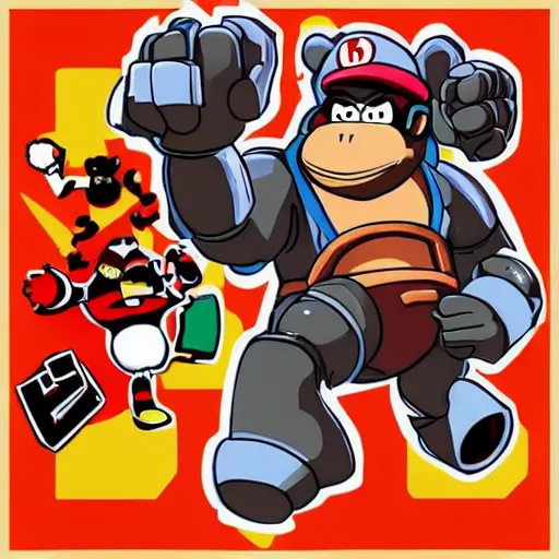 Image similar to Donkey Kong fighting with a robot, in the style of studio ghibli