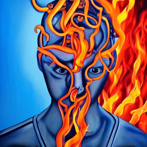 Prompt: fashion model in a blue factory worker's overalls face looking down at the floor eyes sad tentacles instead of hands, the red glow of fire in the background, hyperrealistic painting, figurative art, poster art
