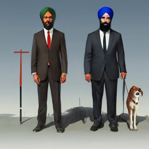 Prompt: Justin Trudeau and Jagmeet Singh in the american gothic painting, concept art, sharp focus, highly detailed digital painting by Grant Wood, artstation