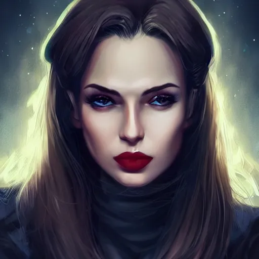 Image similar to portrait of a young woman, long dark hair and an angular face with a scar across the chin. daring and bold, con - artist and spy, beautiful, rpg, dnd, artgerm