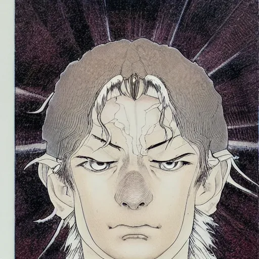 Image similar to prompt: portrait drawn by Katsuhiro Otomo, inspired by Lord of The Rings characters, magical and alchemical objects on the side, soft light, white background, intricate detail, intricate ink painting detail, sharp high detail, manga and anime 2000