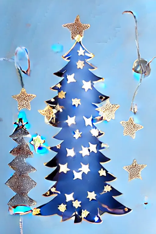 Image similar to flat sticker scandi christmas tree with kitsch glitzy baubles and stars and christmas robin bird decorations, silver sapphire blue white mood, smooth sharp focus