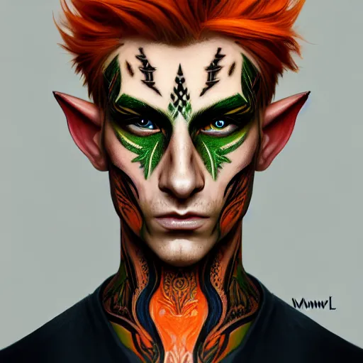 Image similar to portrait painting of an elven eladrin young man with short light orange hair and freckles and tribal tattoos on his cheekbones, sharp focus, award - winning, trending on artstation, masterpiece, highly detailed, intricate. art by merwild and ernesto irawan and rachel denton