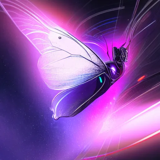 Prompt: a glowing purple butterfly flying through a black wormhole, digital art, artstationhq