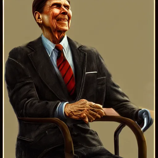 Image similar to gay ronald reagan, smooth, focus, highly detailed, hyper realistic, dramatic lighting, intricate, concept art, art by wlop, mars ravelo