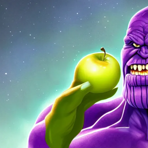 Image similar to caricature of thanos eating apple in galaxy, 8 k, digital art, artstation, detalied, high quality,