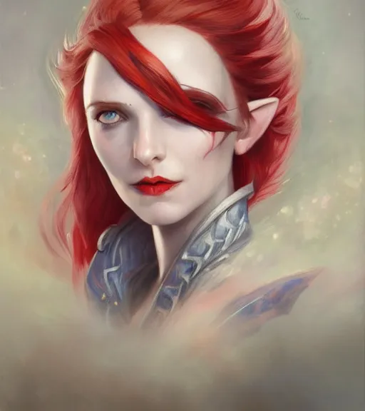 Prompt: A detailed matte oil on canvas head on symmetrical fanart portrait of a distinguished elven woman with red and blue hair by Charlie bowater and lise deharme wlop, trending on artstationhd, dungeons and dragons art critical role