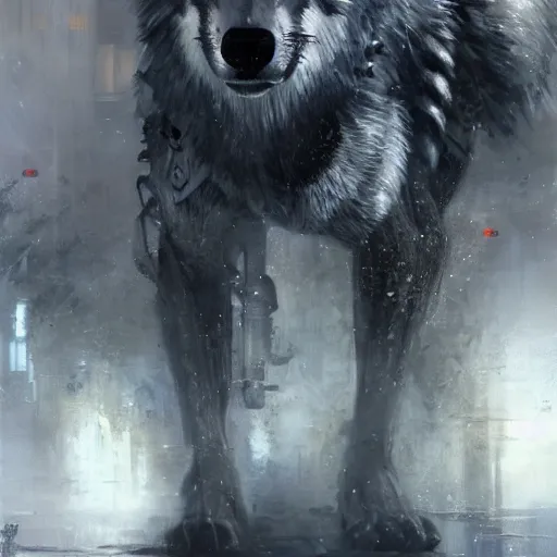 Prompt: grey wolf, painting by Raymond Swanland, cyberpunk, sci-fi cybernetic implants hq