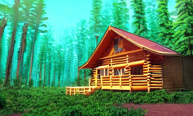 Image similar to golden log cabin in a vaporwave jungle, 4k, ultra realistic, award winning Photograph