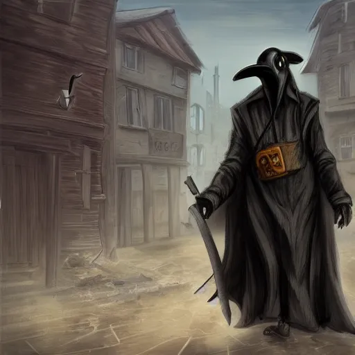 Image similar to plague doctor walking through a town ravaged by plague, dark, creepy, death, disease, hyperdetailed, concept art, artstation