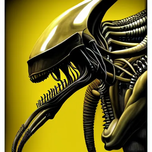 Prompt: detailed realistic xenomorph in an endless empty office building, pale yellow walls, moist brown carpet, defective fluorescent lighting, artstation, ultra detailed, creepy, photorealistic, nostalgia, art by h. r. giger