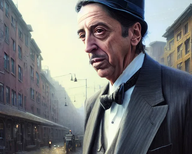 Image similar to highly detailed portrait of al pacino, in boardwalk empire, stephen bliss, unreal engine, fantasy art by greg rutkowski, loish, rhads, ferdinand knab, makoto shinkai and lois van baarle, ilya kuvshinov, rossdraws, tom bagshaw, global illumination, radiant light, detailed and intricate environment