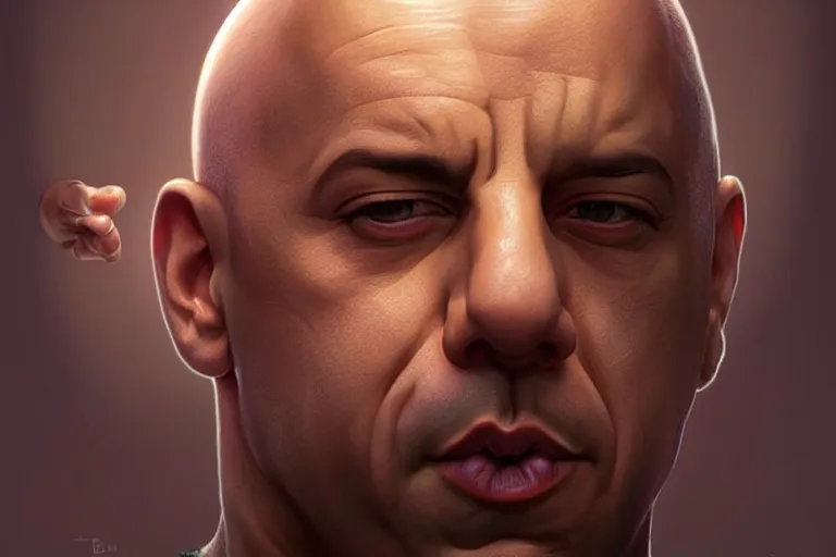 Image similar to vin diesel head in egg cup, silver egg cup, head is an egg, hyper detailed, digital art, artstation, cinematic lighting, studio quality, smooth render, by boris vallejo, android jones, artgerm, caravaggio