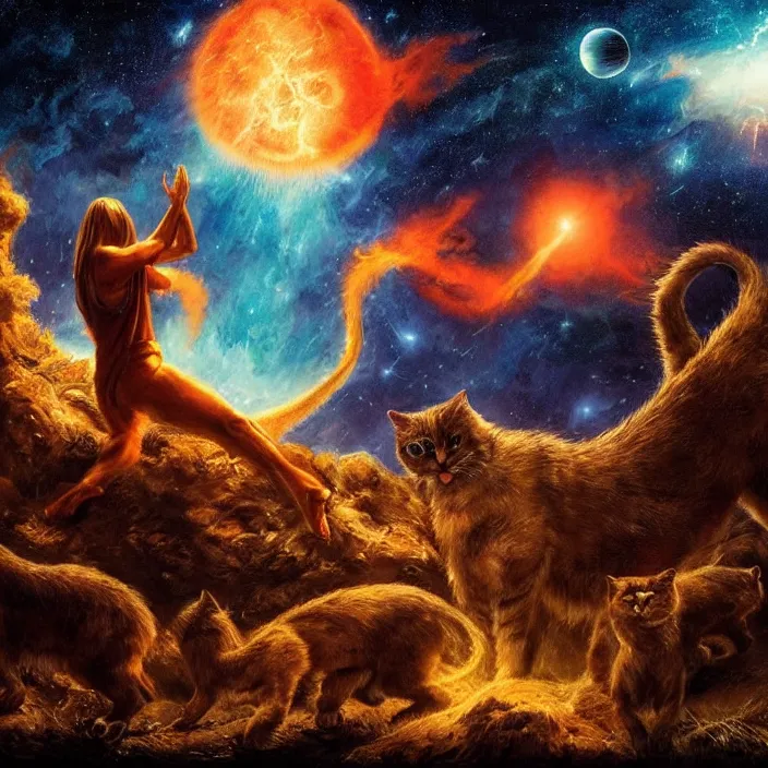 Prompt: cinematic humans praying to a giant cat god while there is a meteor shower that threatens to extinguish the world, dramatic pose, beautiful lighting, sharp details, hyper - detailed, hd, hdr, 4 k, 8 k, art by basil gogos
